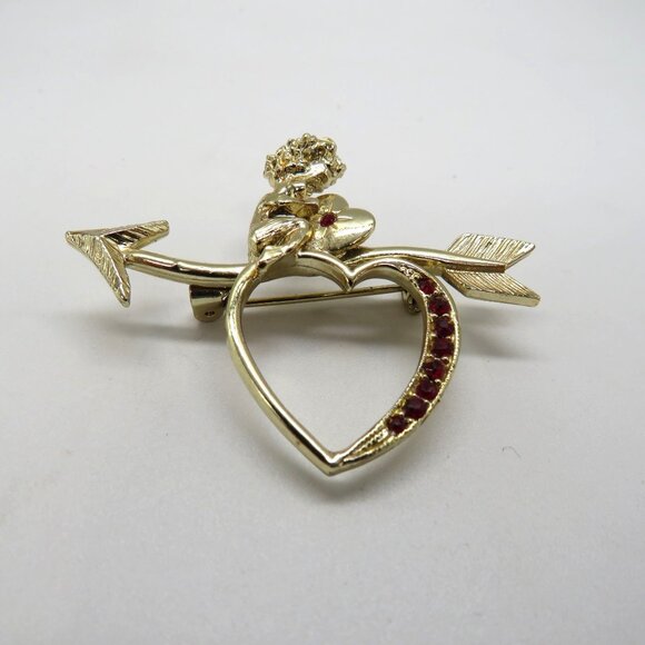 Valentine Brooch Cupid Heart Arrow Gold Tone Pin Red Rhinestones Love - Picture 2 of 12